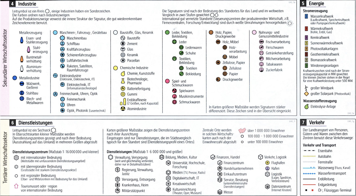 Übersichtskarte mit Zeichenerklärungen zu Industrie, Energie, Dienstleistungen und Verkehr in Deutschland.